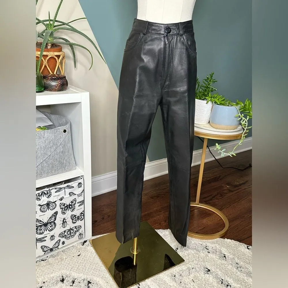 Vintage 90s Maglia Black Leather Pants High-Waisted Straight-Leg USA Made Sz 8 - Picture 1 of 11